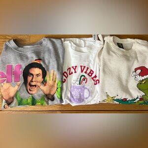1 Elf Movie Sweatshirt (M) 1 Grinch Sweatshirt (S) 1 Old Navy T-Shirt (S)